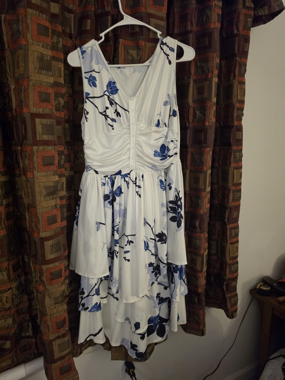 White Floral V-Neck Layered Dress with Blue Print